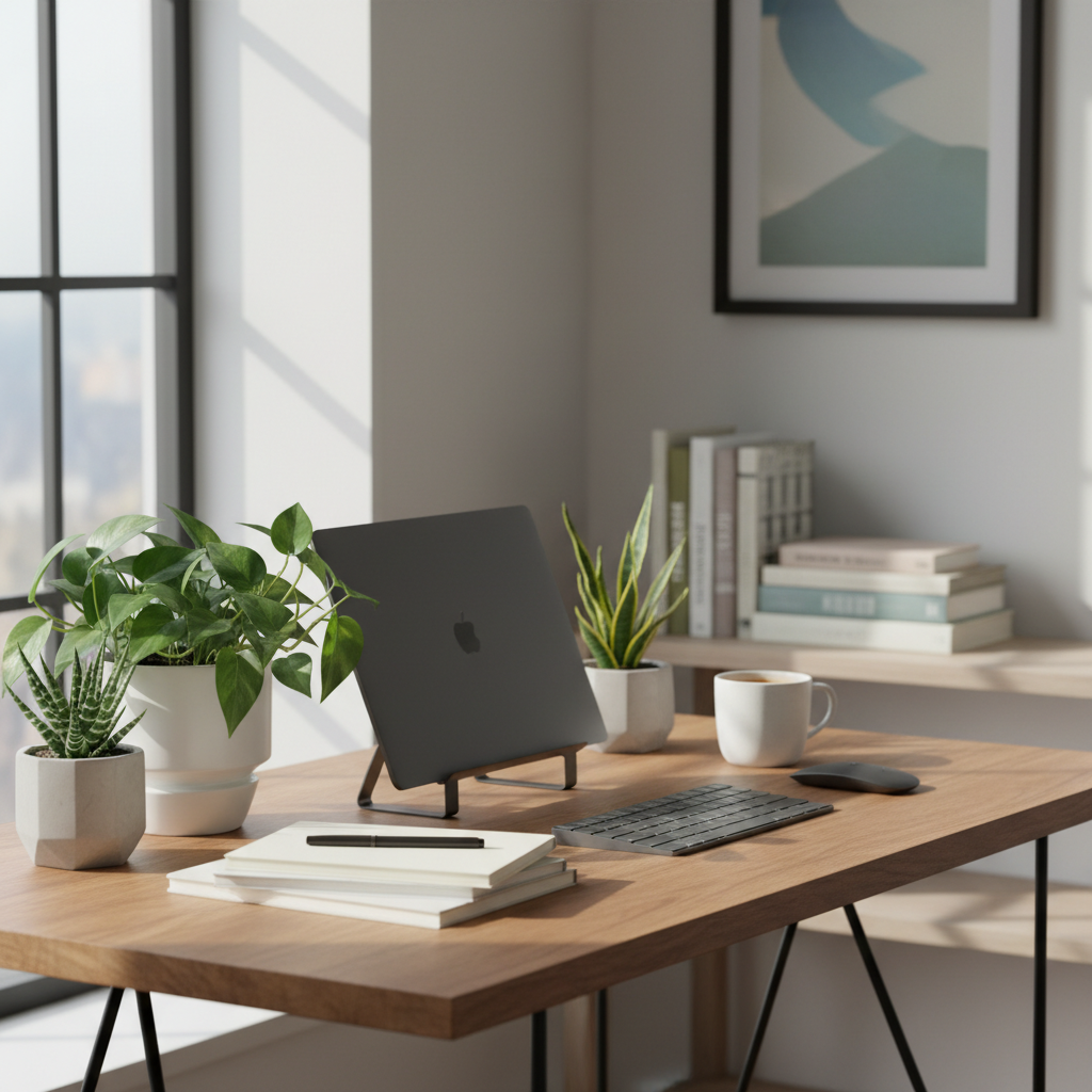 Escritorio ordenado con plantas y luz natural