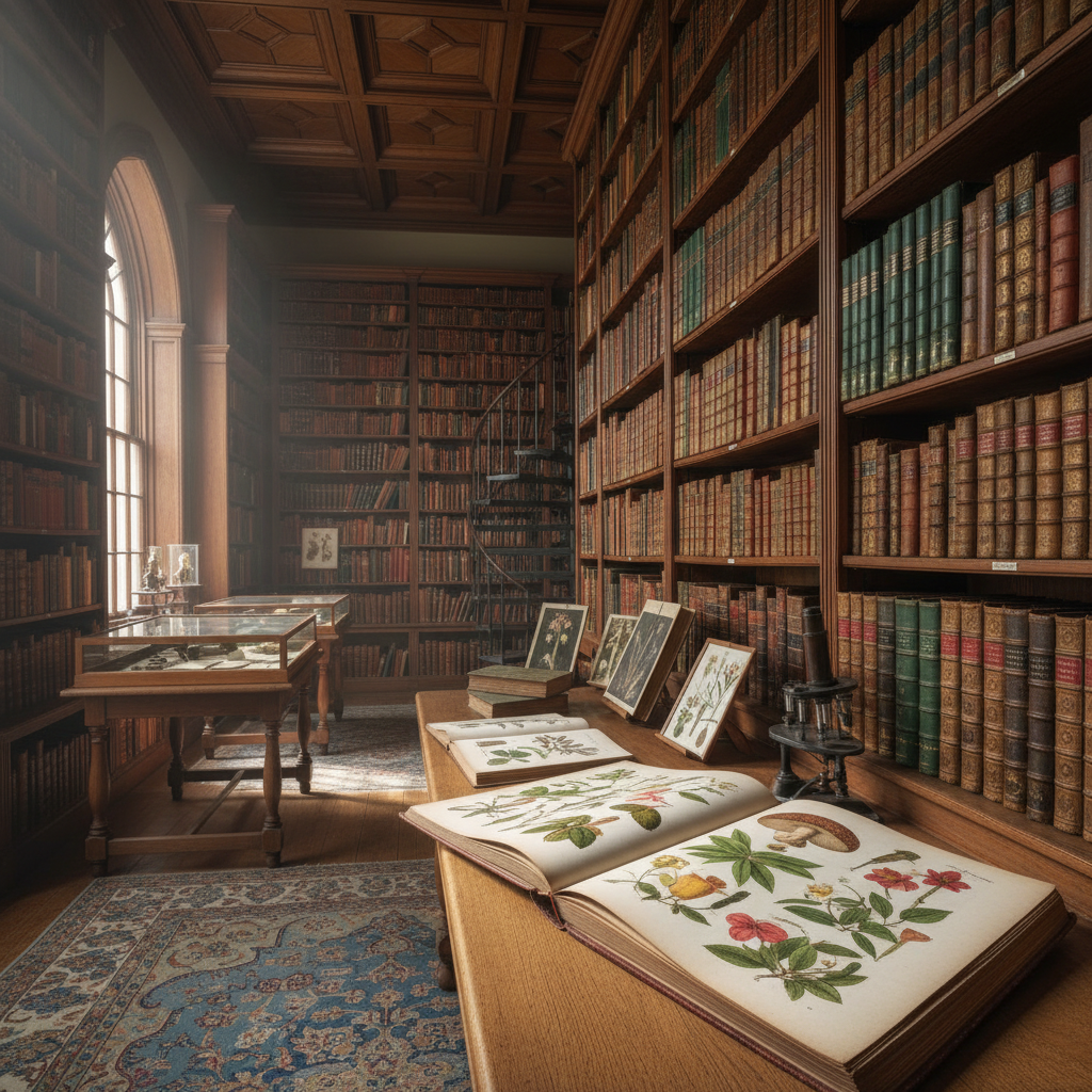 Biblioteca antigua con libros de botánica
