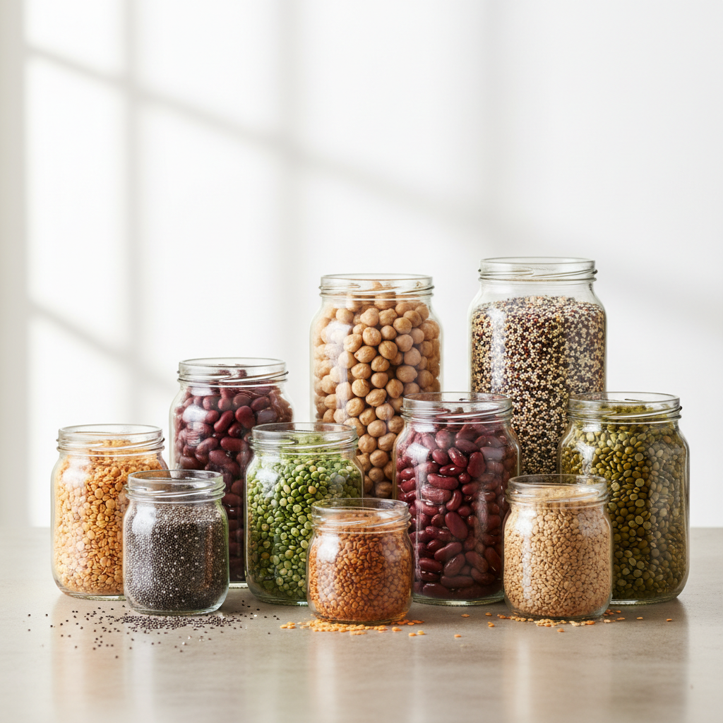 Variedad de legumbres y semillas en frascos de vidrio