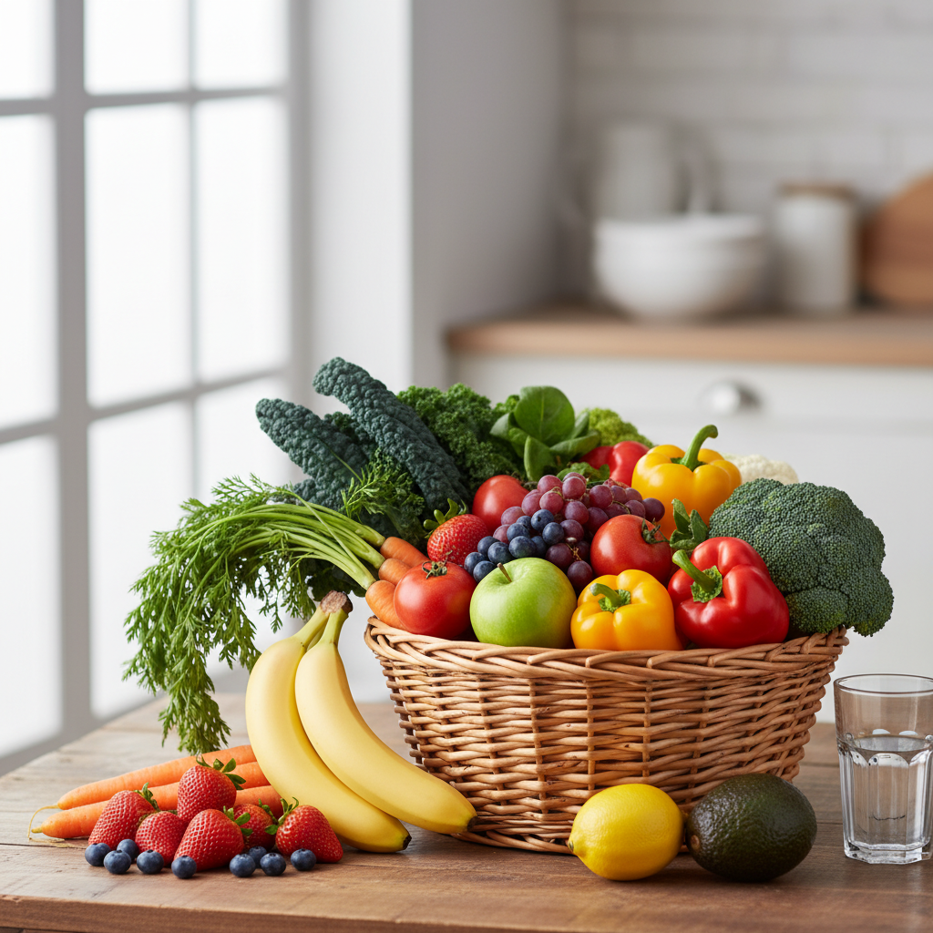 Cesta de frutas y verduras orgánicas frescas