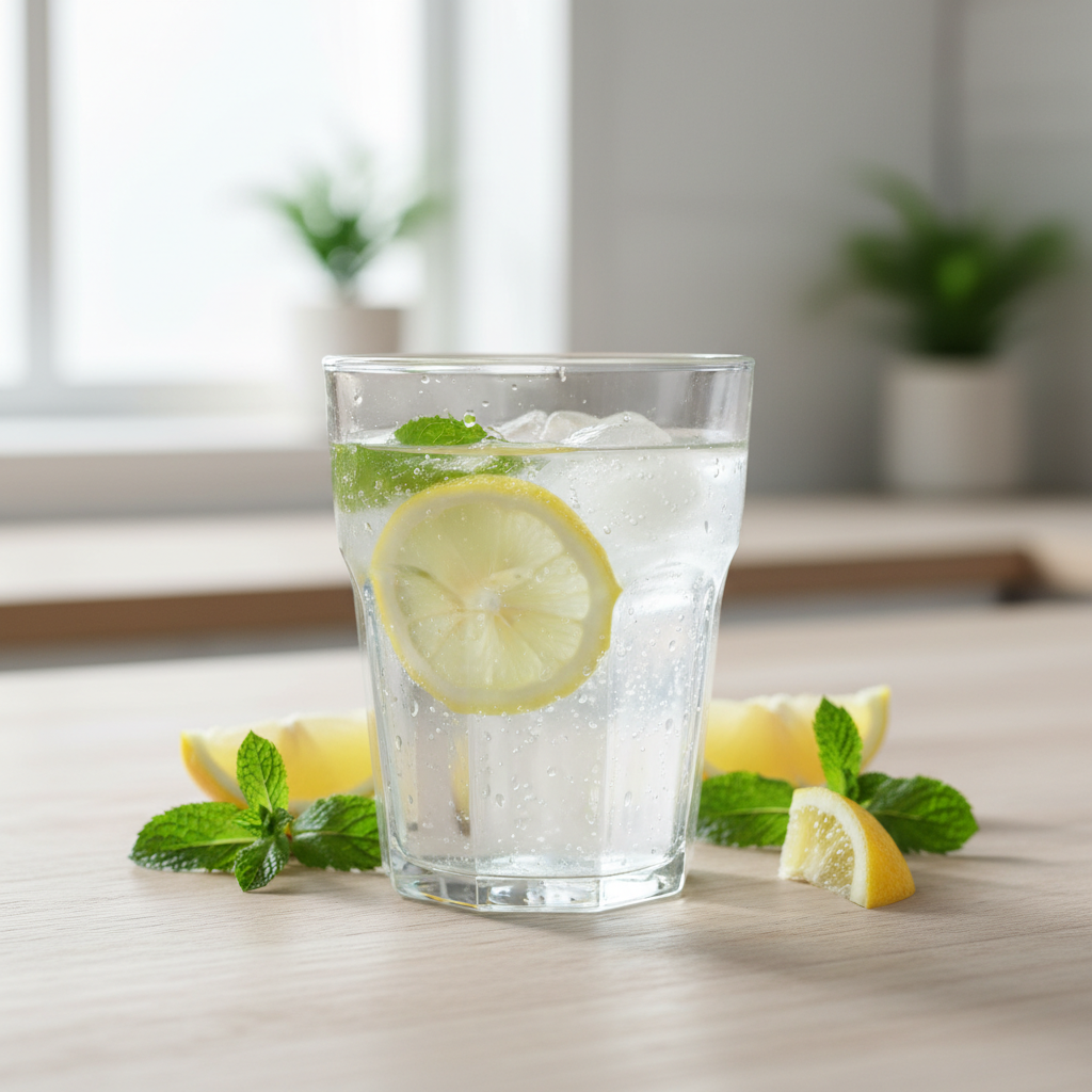 Vaso de agua con rodajas de limón y menta